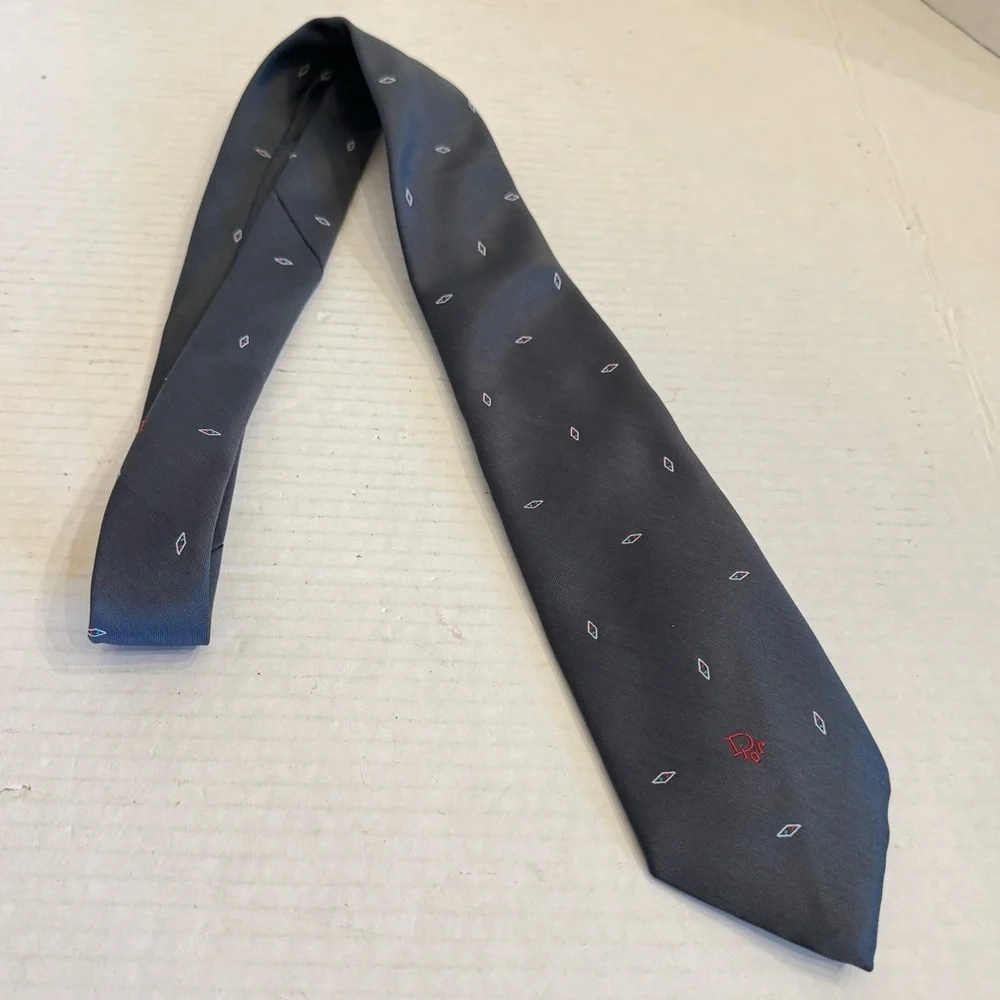 Vintage Christian DIOR Designer Neck Tie Striped Gray Diamonds Business Preppy